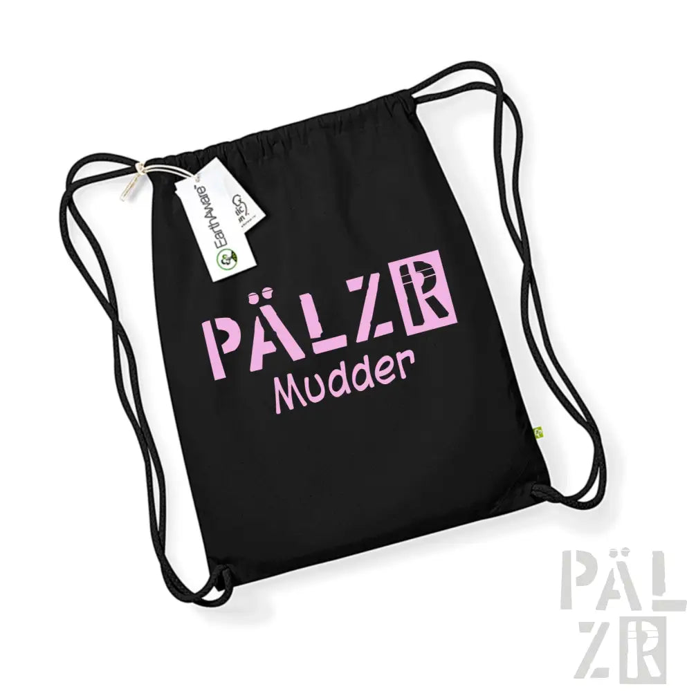 Schwarzer Rucksack mit Kordelzug, pinkem Logo ’pälzr mudder’ und gelben Akzenten.