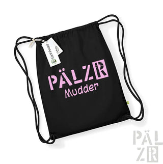 Schwarzer Rucksack mit Kordelzug, pinkem Logo ’pälzr mudder’ und gelben Akzenten.