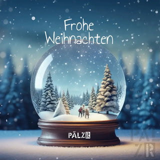 Frosted glass snow globe with winter scene and couple inside, brown wooden base