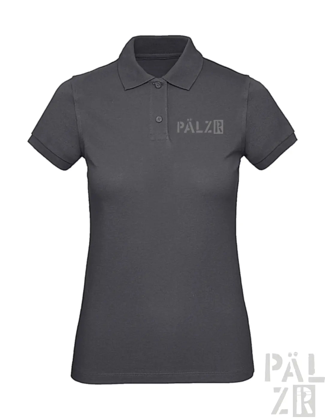 Dunkelgraues Poloshirt mit ’pälzr’-Logo auf Brust und Ärmeln, aus Baumwolle gefertigt.
