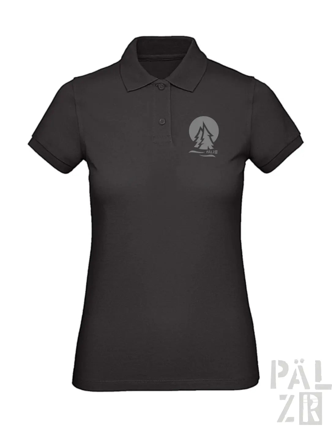 Schwarzes Poloshirt mit silbernem Baumdesign auf der Brust, aus einer Baumwoll- und Polyestermischung.