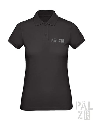 Schwarzes Poloshirt mit silbernem Logo und Kragen, aus Baumwolle.