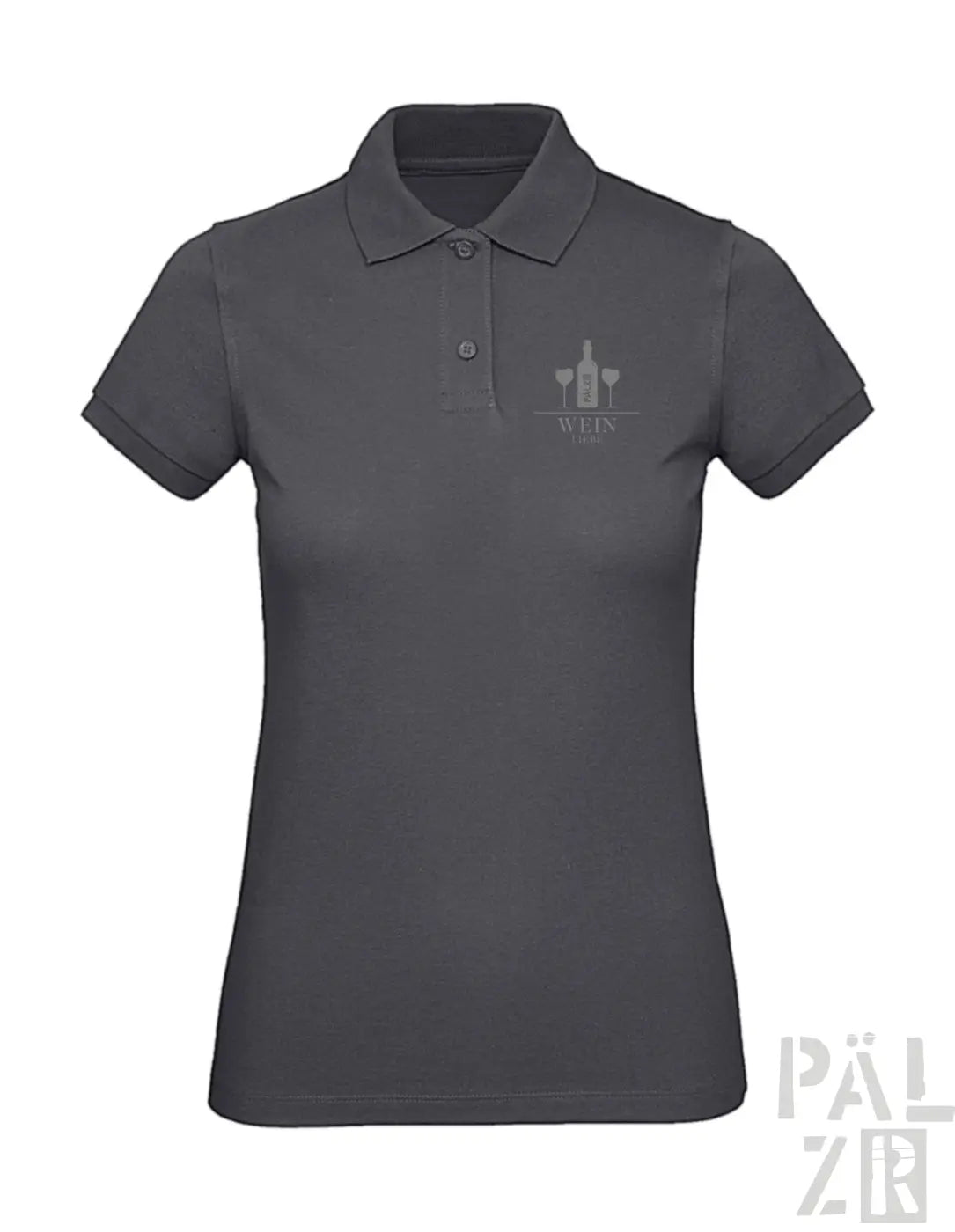 Dunkelgraues Poloshirt mit gesticktem Logo und Knöpfen, wahrscheinlich aus Baumwolle oder Polyester-Mischung.