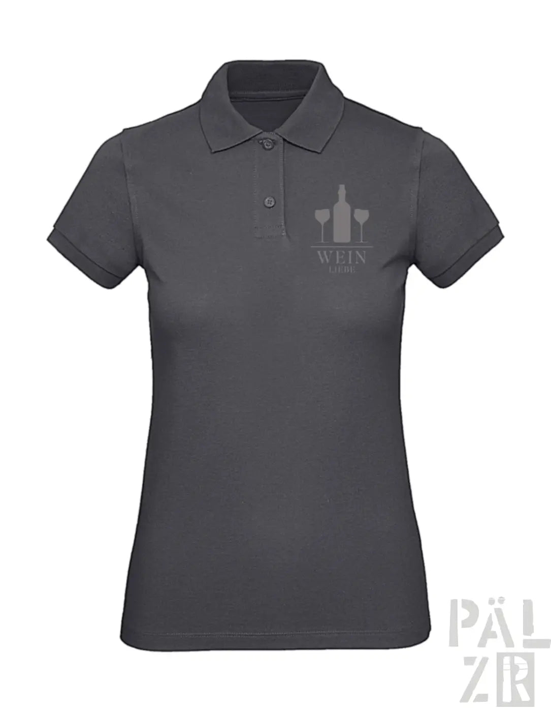 Dunkelgraues Poloshirt mit weinthematischem Design mit Flaschen und Gläsern, ’wein’ Text in Weiß.
