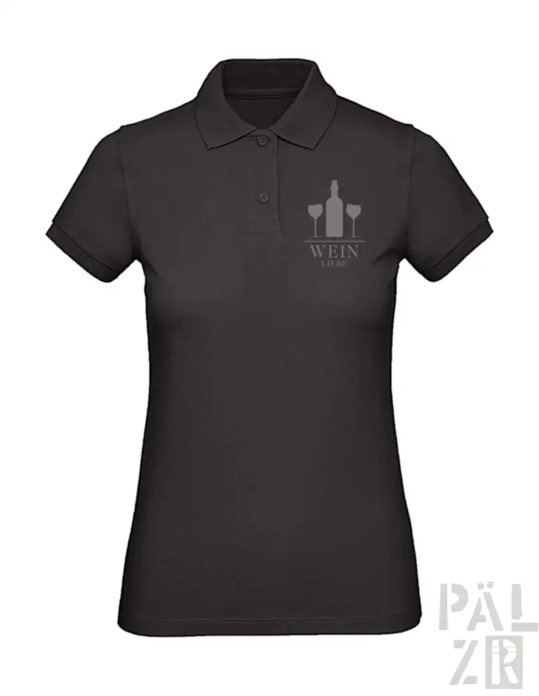 Schwarzes Poloshirt mit Weinflasche- und Glas-Design, Polyester-Material.