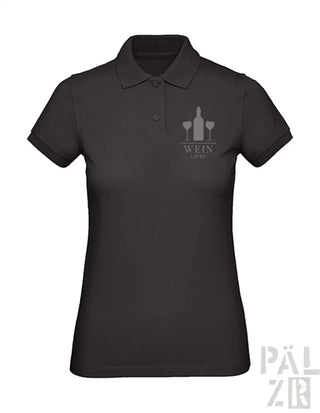 Schwarzes Poloshirt mit Weinflasche- und Glas-Design, Polyester-Material.