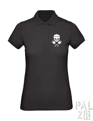 Schwarzes Poloshirt mit Totenkopf- und Kreuzknochen-Design, Baumwollmaterial.
