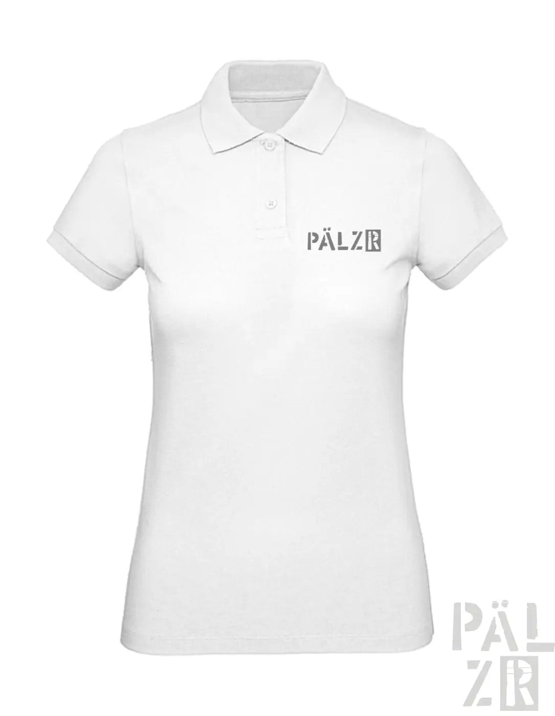 Weißes Poloshirt mit ’pälzr’-Logo auf Brust und Rücken, aus Baumwolle gefertigt.