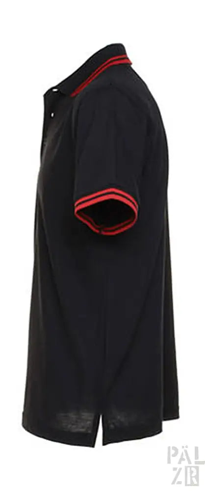 Schwarzes Poloshirt mit roten Akzenten und Kragen, aus Baumwolle.
