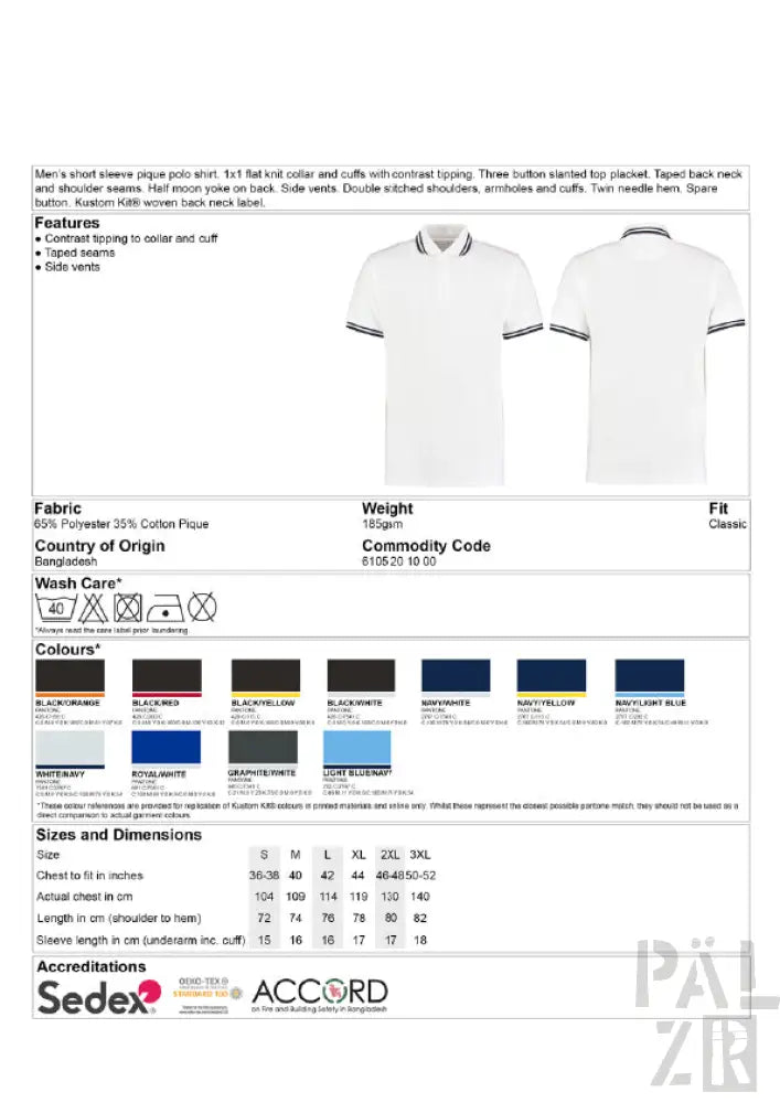 Weißes Poloshirt mit schwarzem Kontrastsaum und doppelten Nadeln an Schultern, Ärmeln und Bündchen.