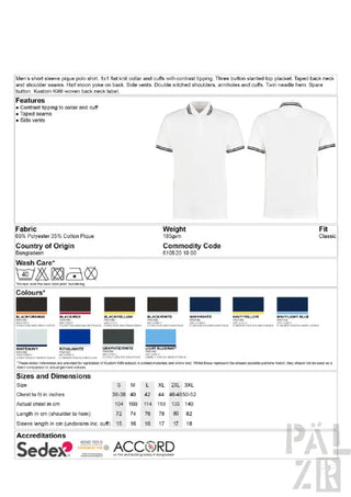 Weißes Poloshirt mit schwarzem Kontrastsaum und doppelten Nadeln an Schultern, Ärmeln und Bündchen.