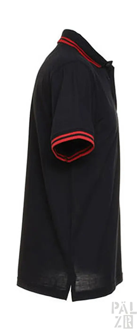 Schwarzes Poloshirt mit rotem Saum und Kragen, Polyester-Material.