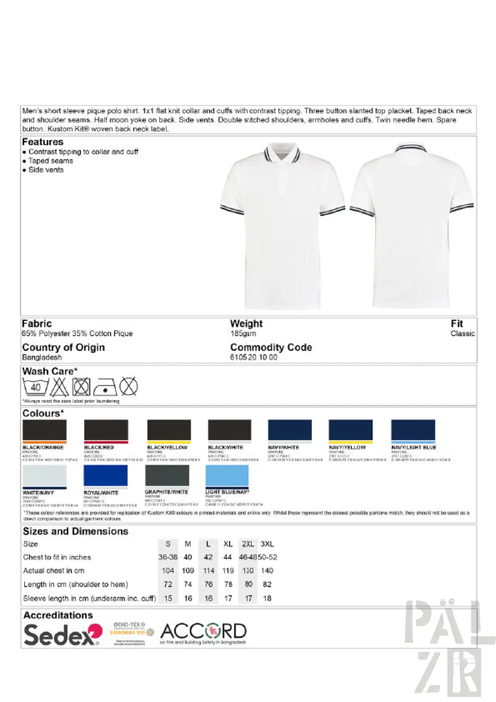 Weißes Poloshirt mit schwarzem Kontrastsaum und doppelten Nadeln an Schultern, Ärmeln und Bündchen.