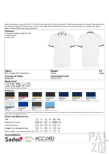 Weißes Poloshirt mit schwarzem Kontrastsaum und doppelten Nadeln an Schultern, Ärmeln und Bündchen.