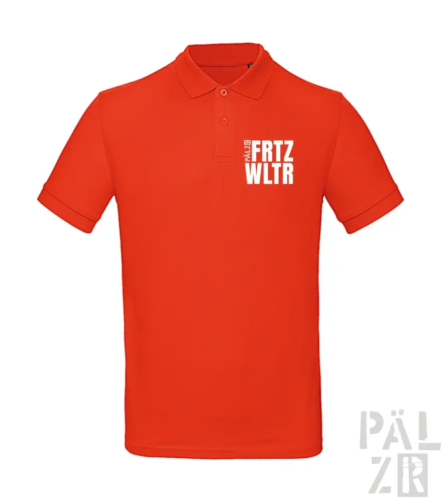 Orange Polo-Shirt mit weißem Text und Logo-Design.
