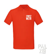 Orange Polo-Shirt mit weißem Text und Logo-Design.
