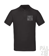 Schwarzes Poloshirt mit ’fritz wltr’-Text auf der Brust, aus Baumwolle.