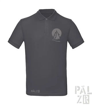Holzkohlgraues Poloshirt mit Baumdesign und ’palz’-Logo auf der Brust.