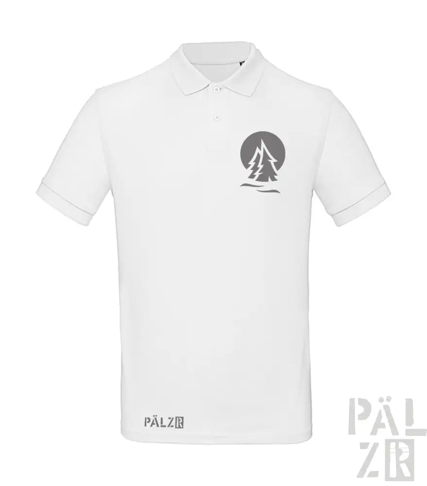 Weißes Poloshirt mit Baumdesign und ’pälz’-Logo.