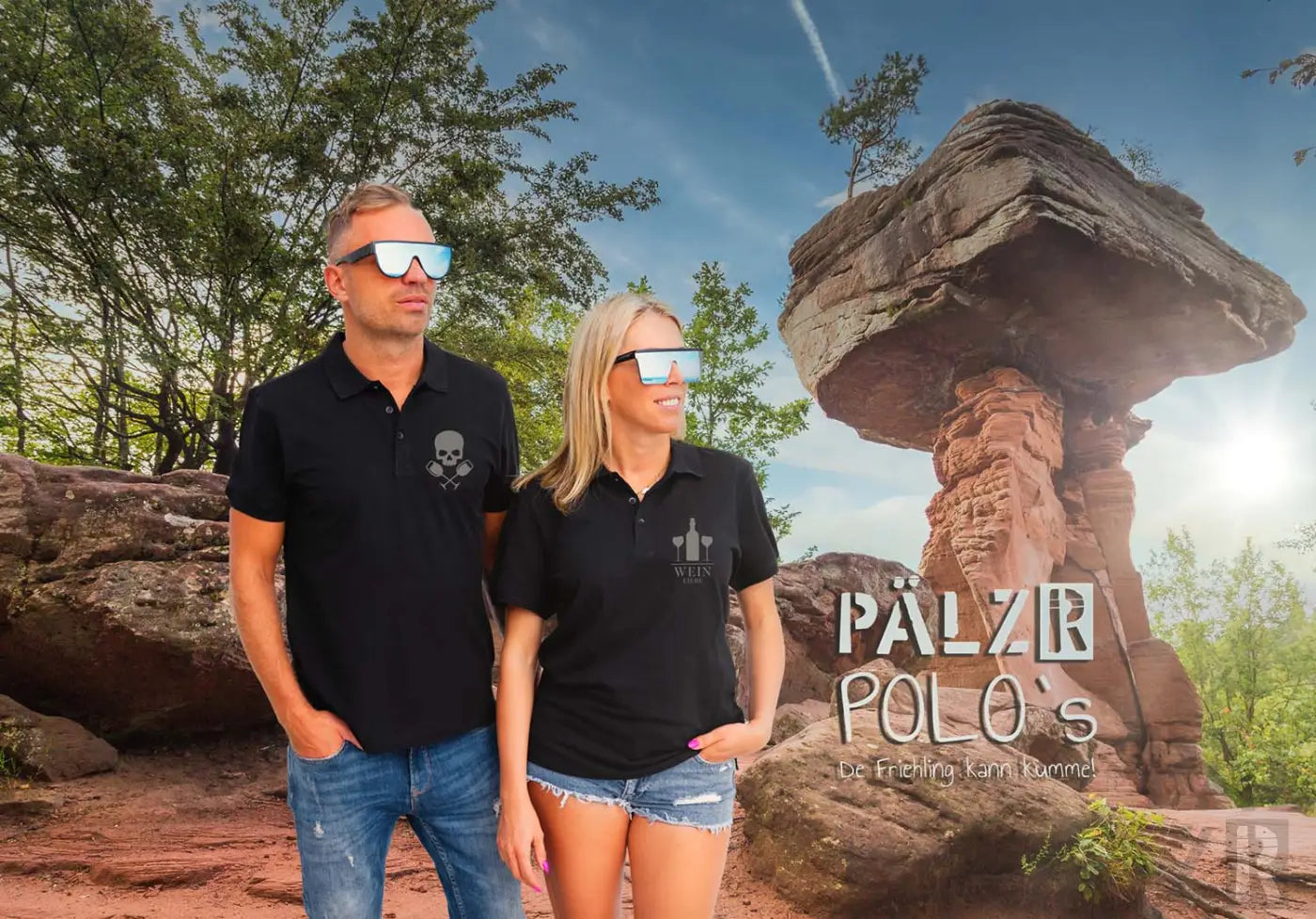 Schwarzes Totenkopf-Polohemd mit weißen Ösen und Knöpfen, aus Baumwolle.