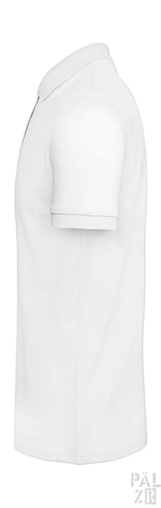 Weißes Poloshirt mit schwarzem Saum und Kragen, aus Baumwolle gefertigt.