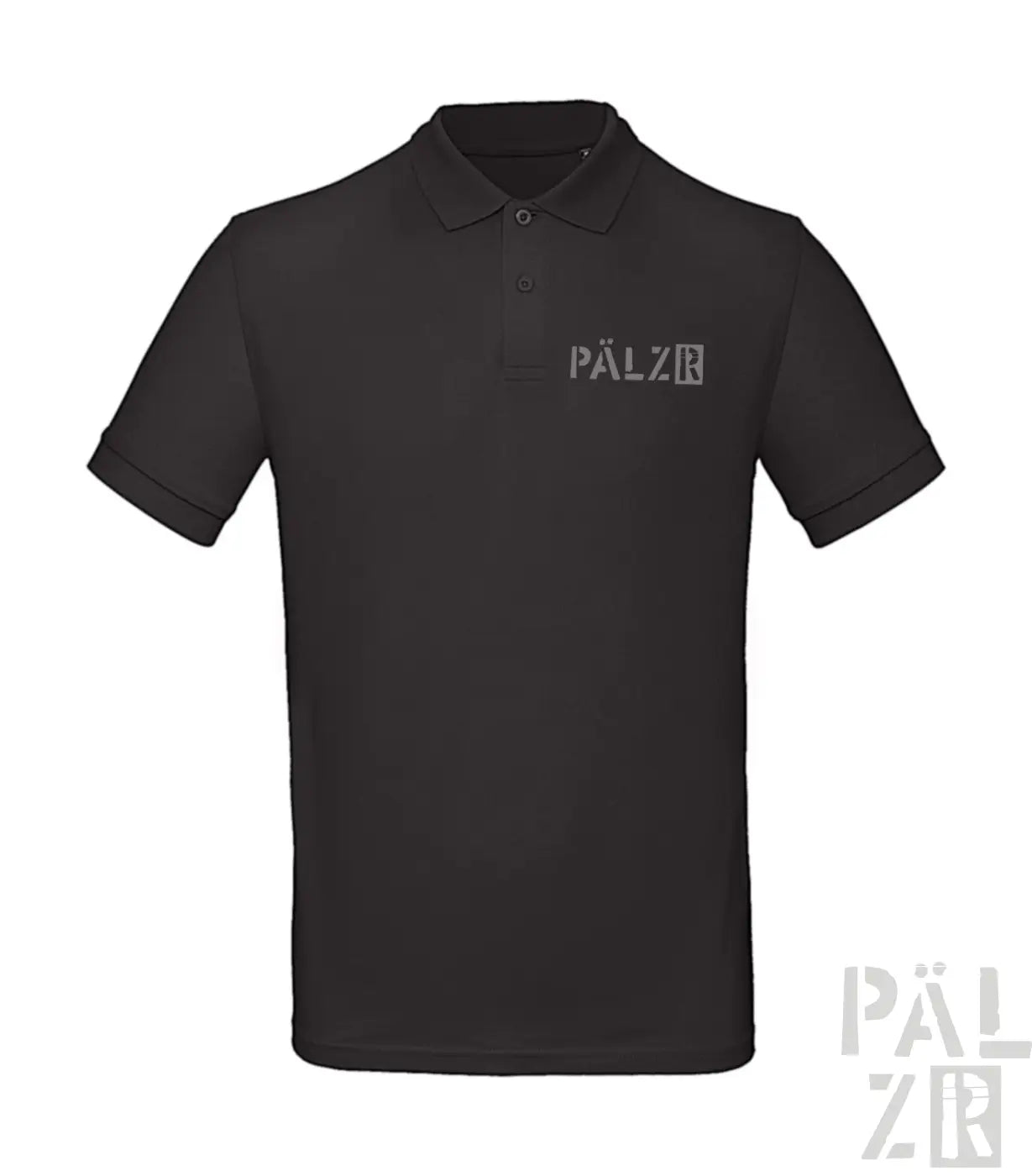 Schwarzes Poloshirt mit ’pälzr’-Logo auf der Brust, aus Baumwoll-Polyester-Mischung.