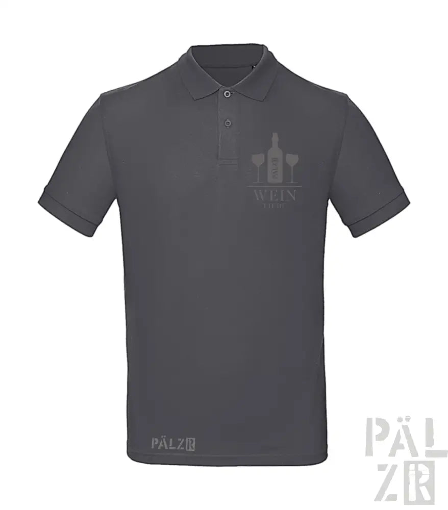 Holzkohlgraues Poloshirt mit weinthematischem Grafikdesign und ’palz’-Branding.