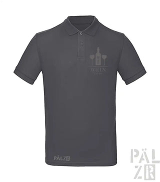 Holzkohlgraues Poloshirt mit weinthematischem Grafikdesign und ’palz’-Branding.
