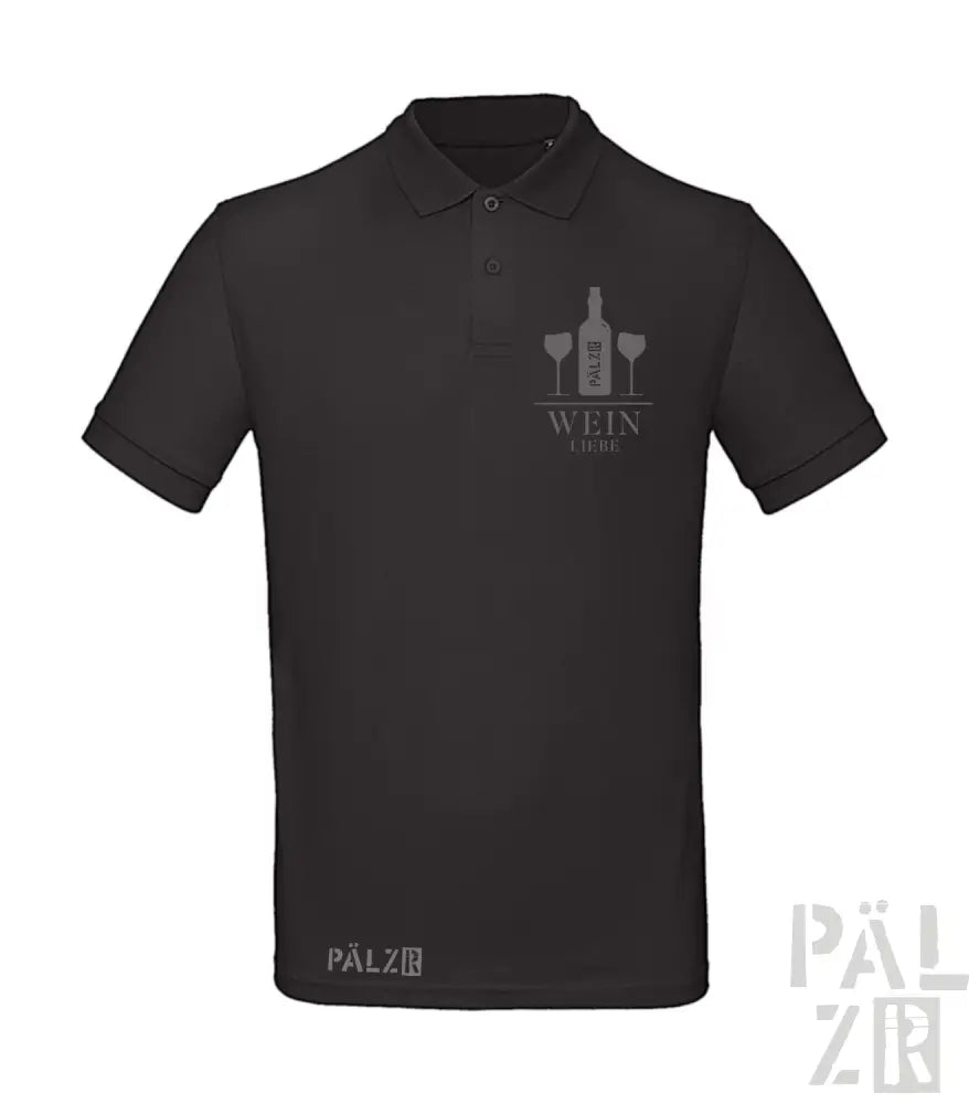 Schwarzes Poloshirt mit weinthematisches Design und ’wine club’ Text, Polyester-Material.