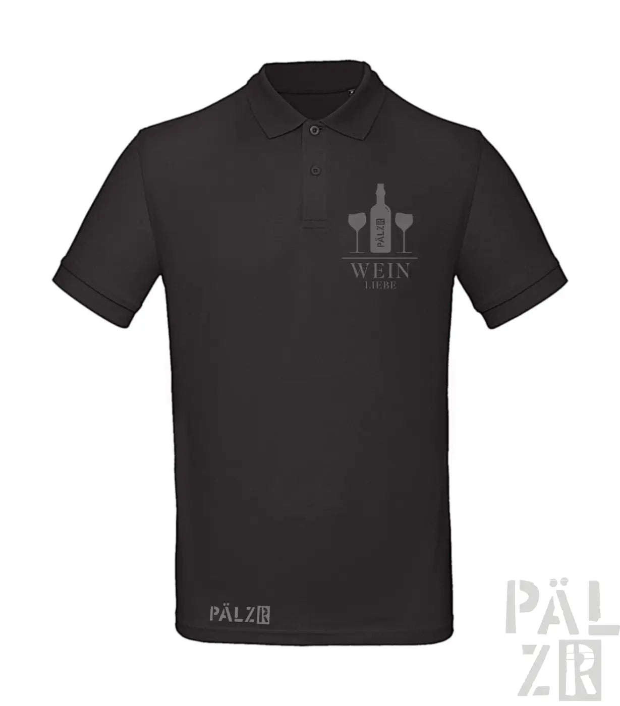 Schwarzes Poloshirt mit weinthematisches Design und ’wine club’ Text, Polyester-Material.