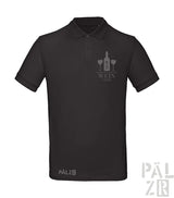 Schwarzes Poloshirt mit weinthematisches Design und ’wine club’ Text, Polyester-Material.