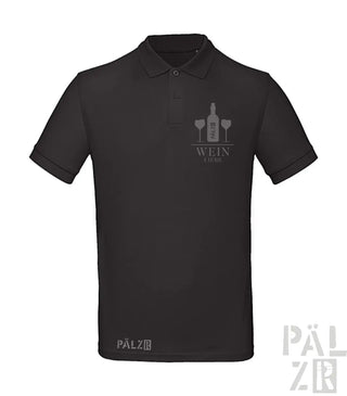 Schwarzes Poloshirt mit weinthematisches Design und ’wine club’ Text, Polyester-Material.