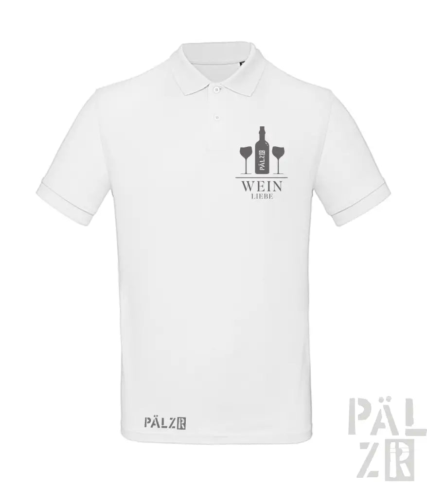 Weißes Poloshirt mit Weinflasche- und Glas-Design, Text ’wein liebe’.