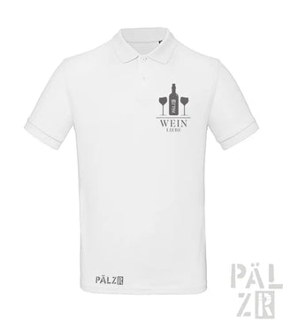 Weißes Poloshirt mit Weinflasche- und Glas-Design, Text ’wein liebe’.