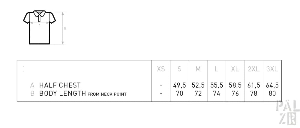 Klassisches weißes T-Shirt mit Brust- und Längenmaßtafel für die Größentabelle.