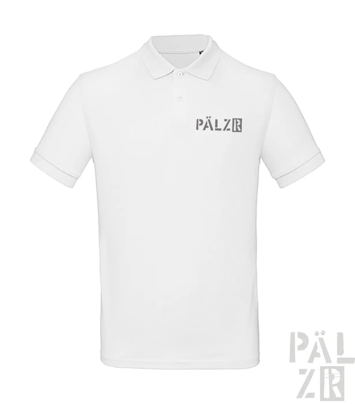 Weißes Poloshirt mit ’pälzr’-Logo auf der Brust, aus Baumwolle.