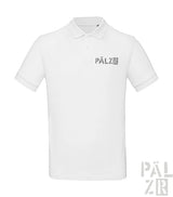 Weißes Poloshirt mit ’pälzr’-Logo auf der Brust, aus Baumwolle.