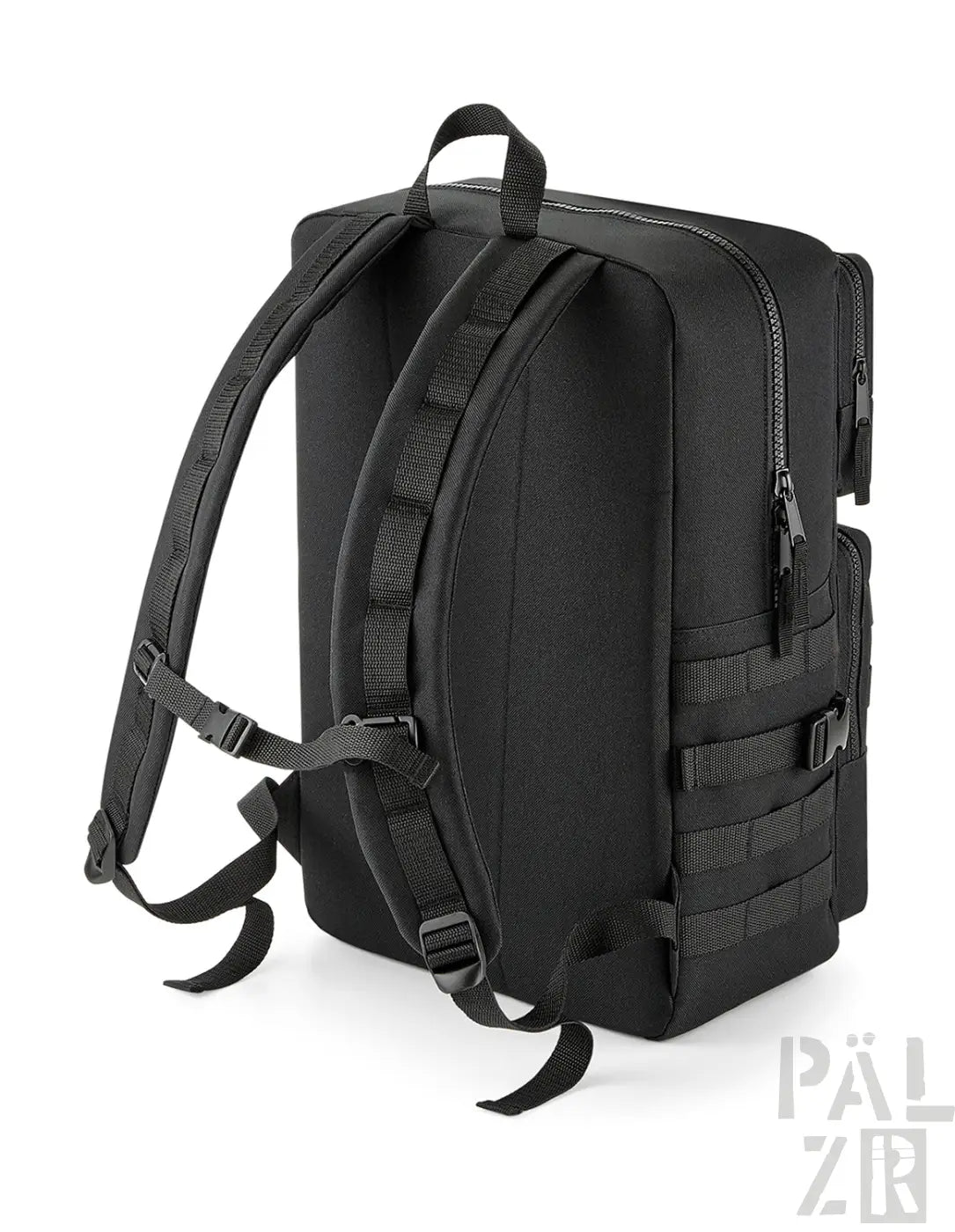 Schwarzer taktischer Rucksack mit mehreren Fächern und verstellbaren Gurten.