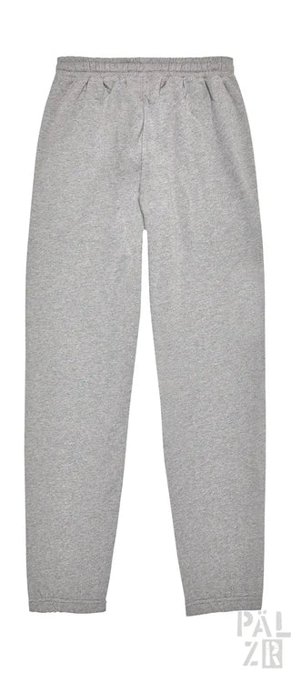 Hellgraue Jogginghosen mit Kordelbund und elastischen Bündchen.