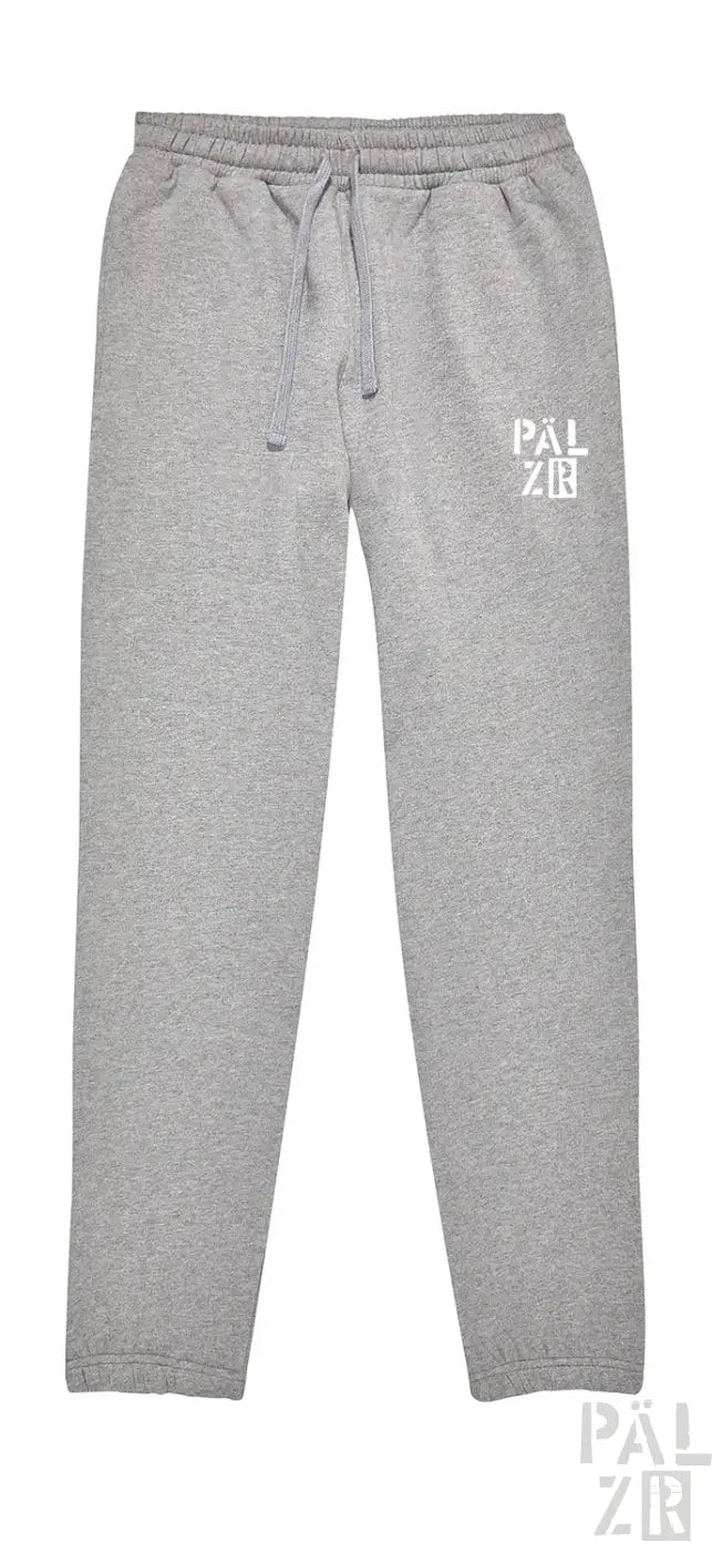 Graue Jogginghosen mit ‚palzir‘-Logo auf dem Bein.
