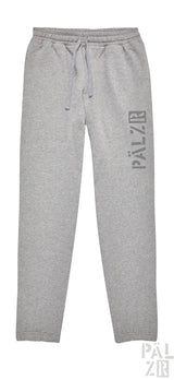 Graue Jogginghosen mit ’palzie’-Logo am Bein.