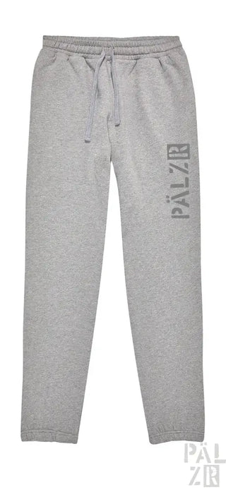 Graue Jogginghosen mit ’palzie’-Logo am Bein.