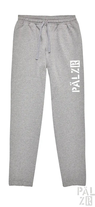 Graue Jogginghosen mit ‚pälzir‘-Logo am Bein.