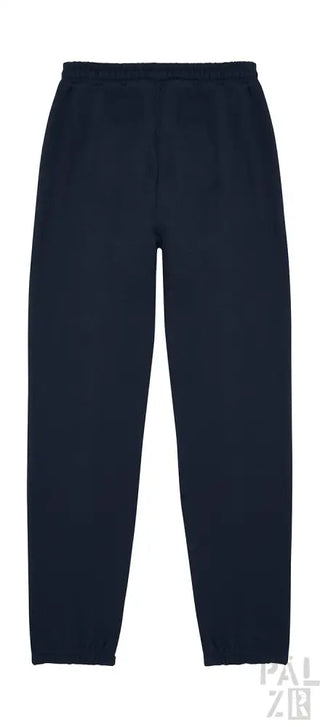 Dunkelblaue Jogginghosen mit elastischem Bund und Bündchen, wahrscheinlich aus Baumwolle oder Polyester-Mischung gefertigt.