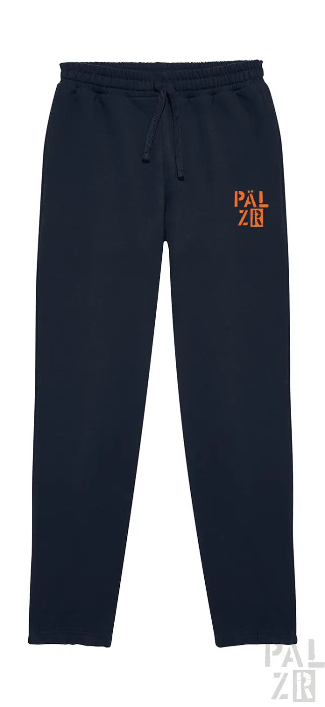 Marineblaue Jogginghosen mit orangem ’palzib’-Logo und Kordelbund, mit einem lässigen Design.