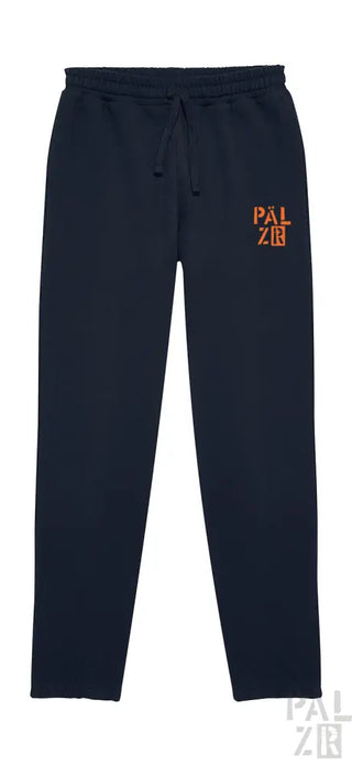 Marineblaue Jogginghosen mit orangem ’palzib’-Logo und Kordelbund, mit einem lässigen Design.
