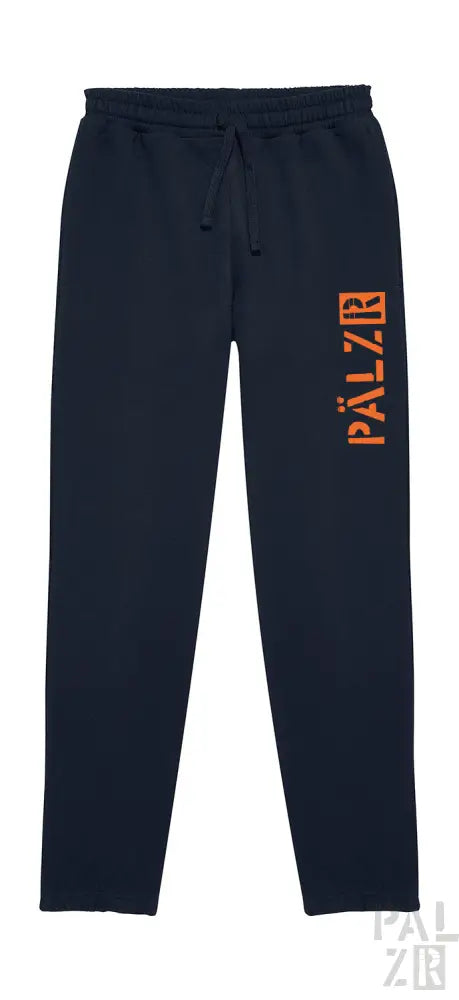 Marineblaue Jogginghosen mit orangem ’pälzir’-Logo-Design.