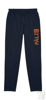 Marineblaue Jogginghosen mit orangem ’pälzir’-Logo-Design.