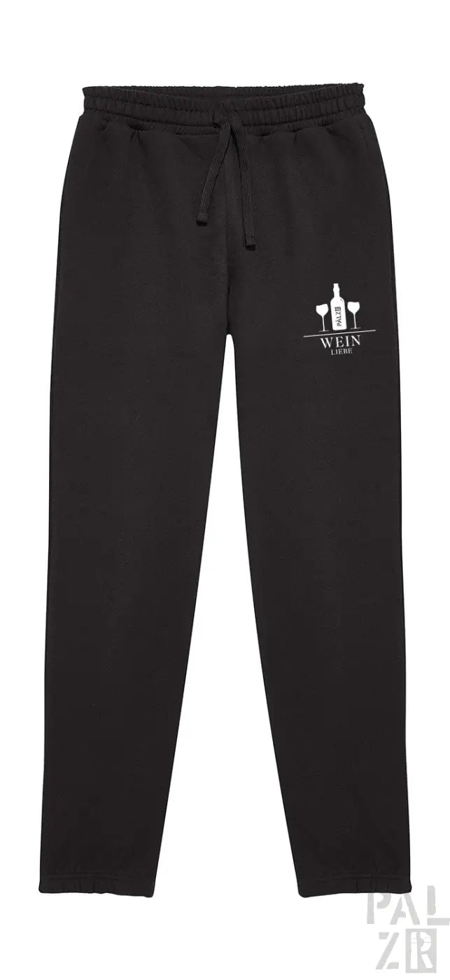 Schwarze Jogginghosen mit weißem Logo und Kordelbund.