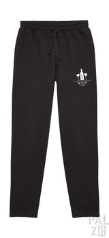 Schwarze Jogginghosen mit weißem Logo und Kordelbund.